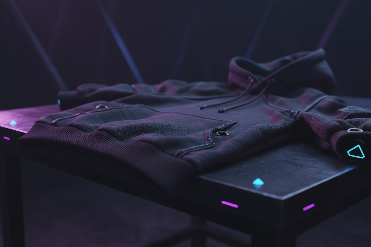 i like it, lets make the shot close up in a hoodie resting on a table